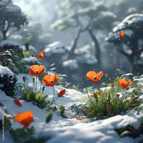 Small butterflies fly over poppy flowers covered with snow, beauty of nature, tenderness of flowers photo