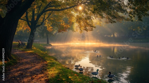 A serene lake in a forest with golden sunlight streaming through the trees. Ducks swim peacefully on the water.