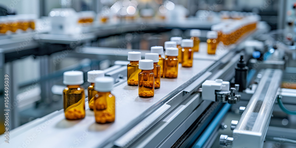 Medication bottles on pharmaceutical conveyor belt, Medication bottles on pharmaceutical conveyor belt,