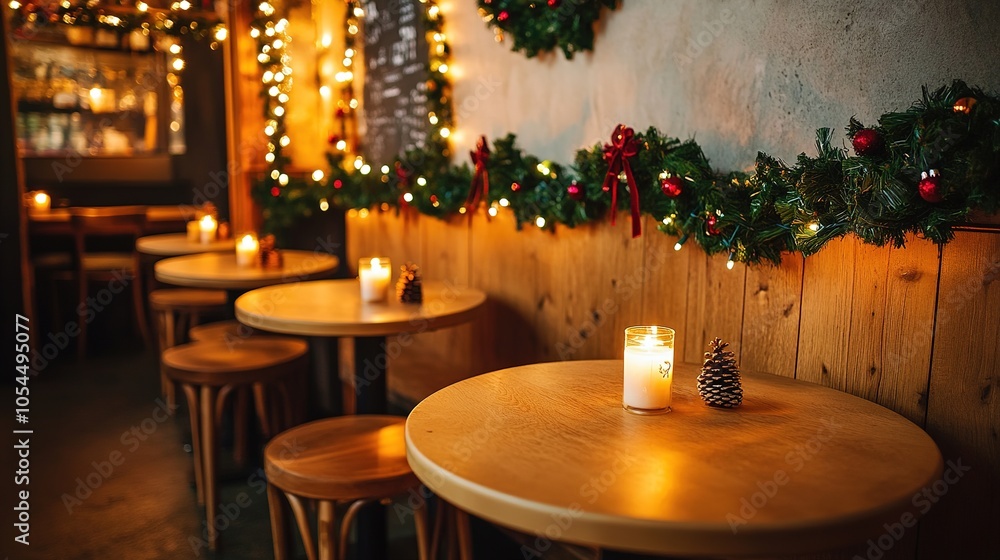 Cozy cafe interior with festive Christmas decorations
