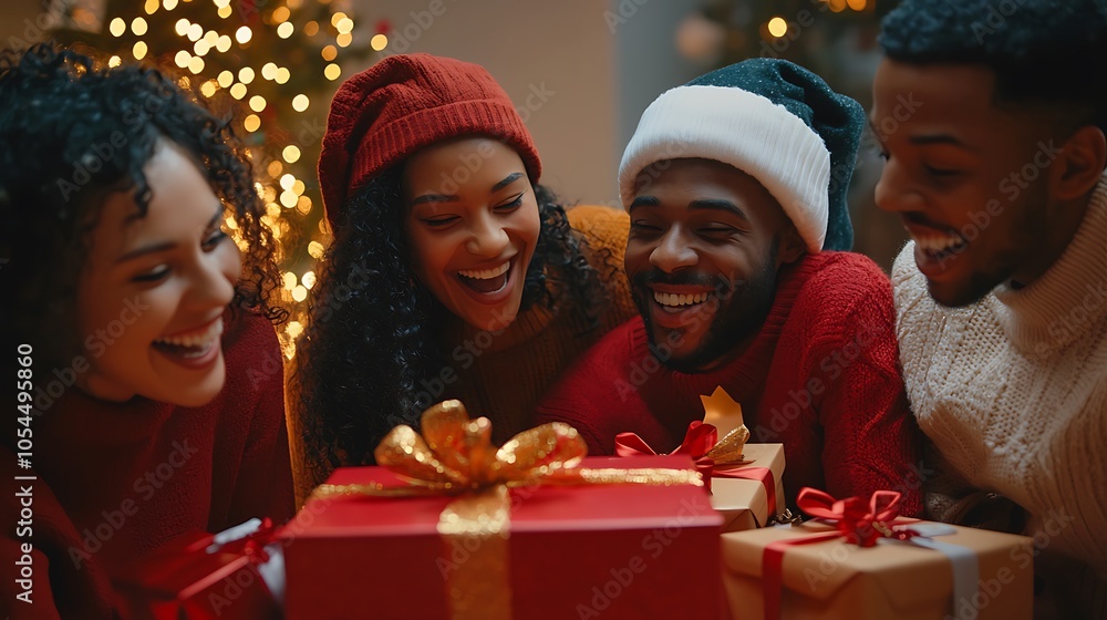 A happy group of diverse friends opening Christmas presents. A happy group of diverse friends opening Christmas presents.