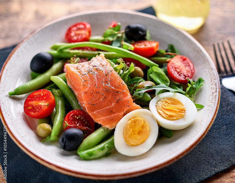 Salmon salad with green beans, olives, tomatoes and boiled eggs on a white plate Salmon salad with green beans, olives, tomatoes and boiled eggs on a white plate