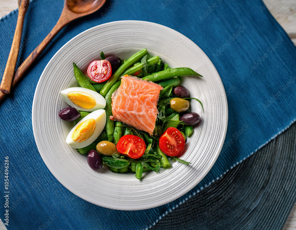 Salmon salad with green beans, olives, tomatoes and boiled egg on blue kitchen napkin. Top view Salmon salad with green beans, olives, tomatoes and boiled egg on blue kitchen napkin. Top view