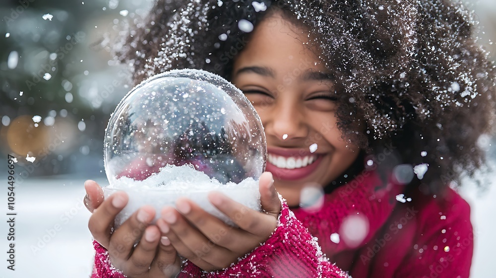 Naklejka premium A joyful African American girl playing with a snow globe.