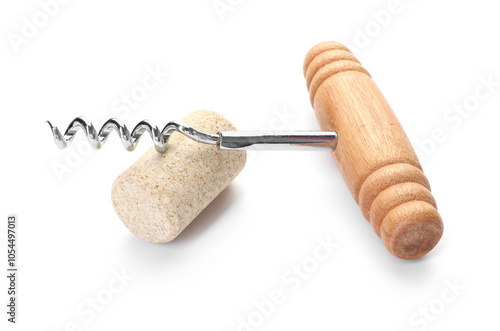 Corkscrew with wooden handle and cork isolated on white