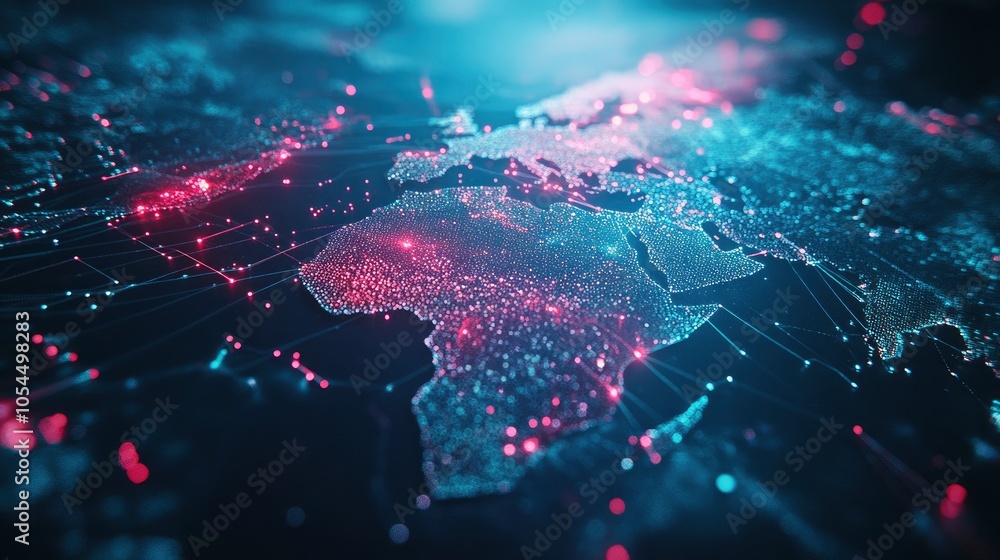 Abstract graphic world map illustration on blue background, big data and networking concept. 3D Rendering Abstract graphic world map illustration on blue background, big data and networking concept. 3D Rendering