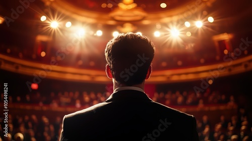 A person stands on stage, illuminated by bright lights, addressing an audience in a grand theater setting.