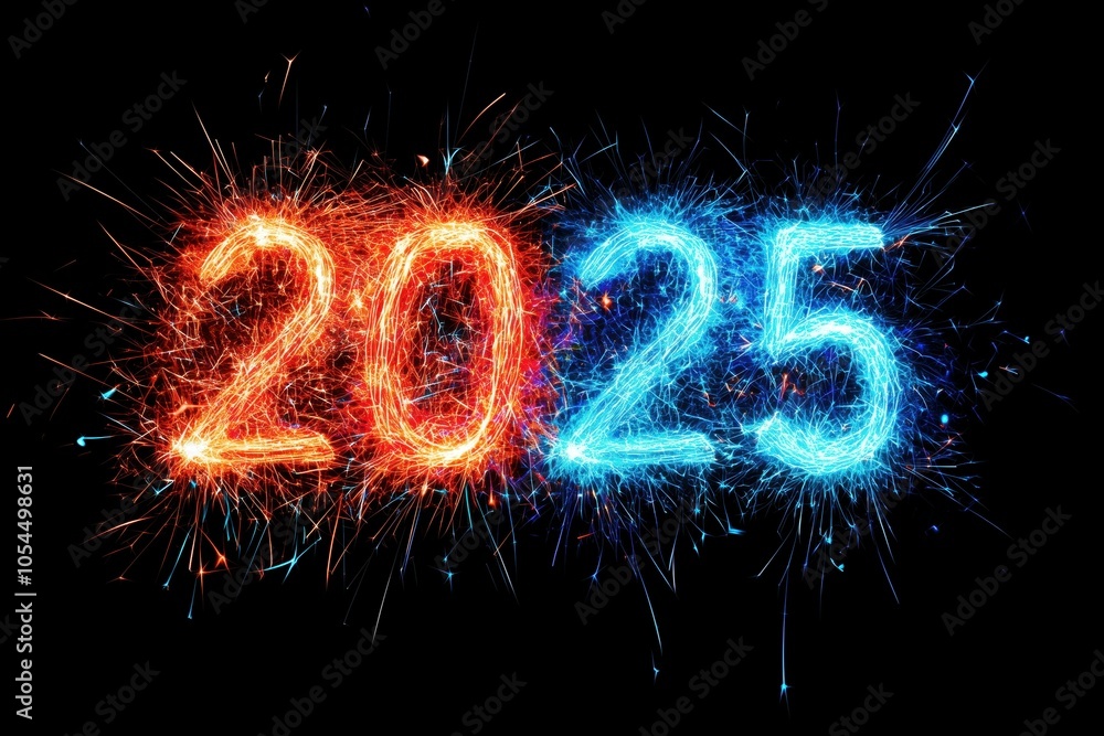 Colorful 2025 new year, sparkles on black background Colorful 2025 new year, sparkles on black background