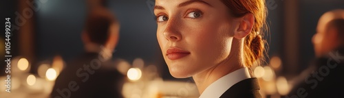 A woman in formal attire glances over her shoulder, set in a sophisticated dining atmosphere. photo