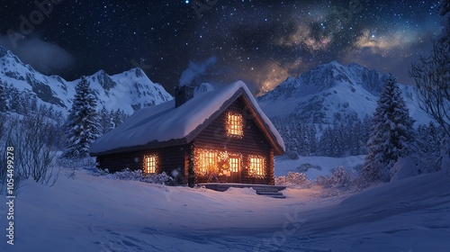 Snowy cabin at night under starry sky.