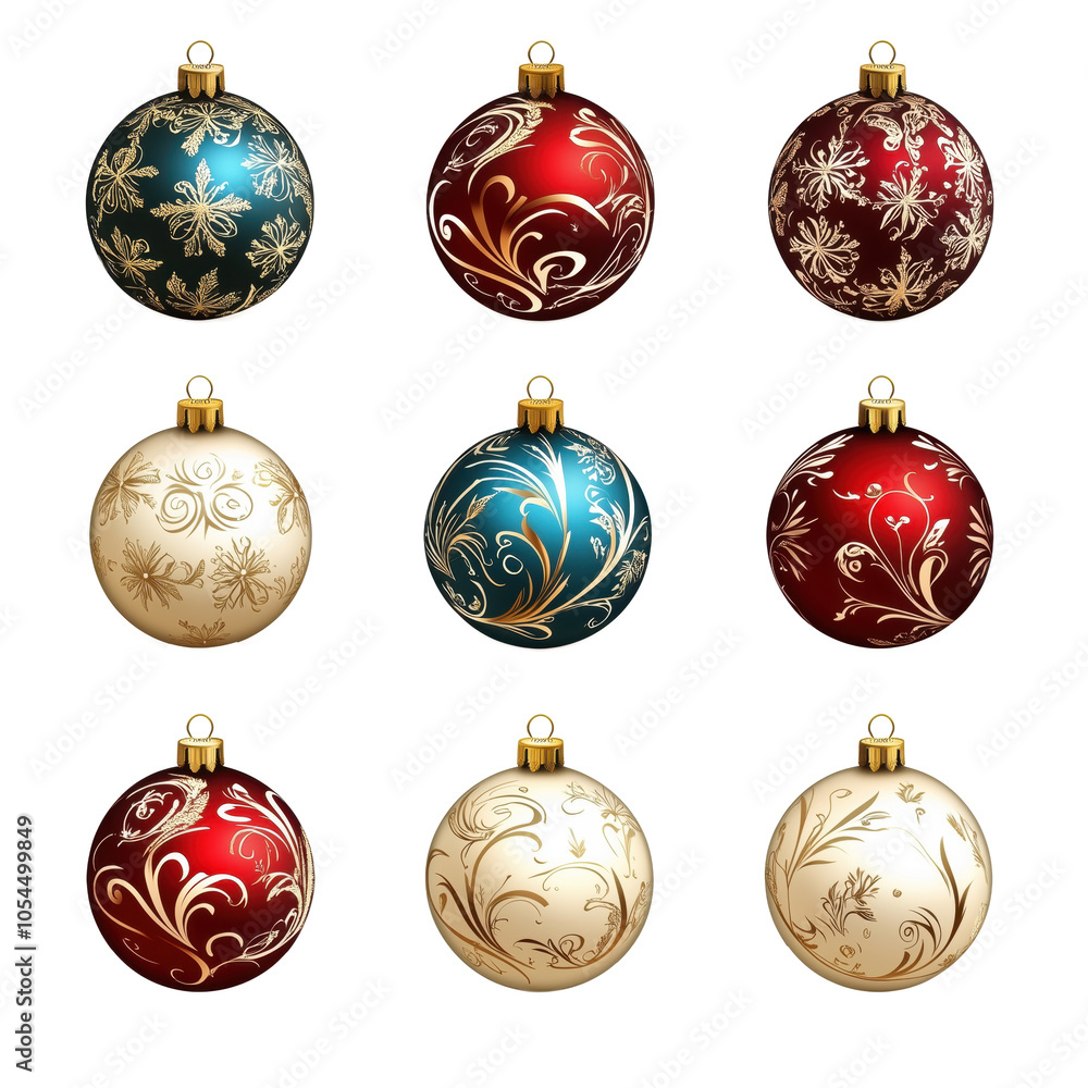 Set of christmas balls with ornaments on transparent background Set of christmas balls with ornaments on transparent background