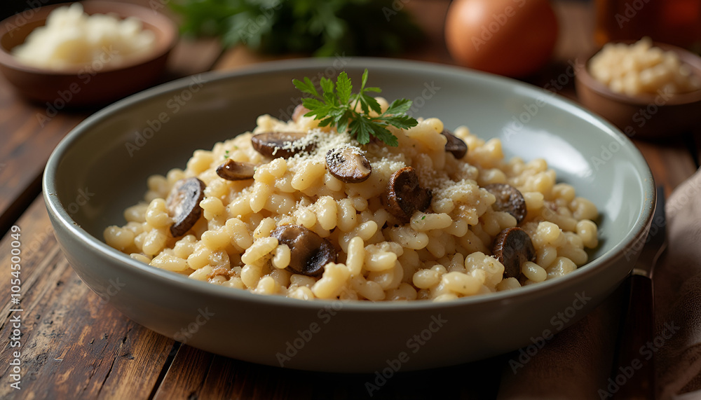 Creamy mushroom risotto garnished with parsley and cheese in gray bowl on wooden table Creamy mushroom risotto garnished with parsley and cheese in gray bowl on wooden table