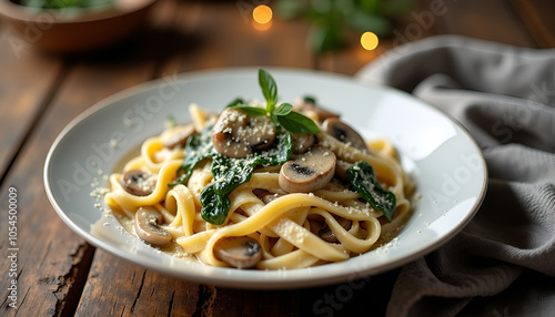 Delicious fettuccine pasta with mushrooms and spinach, garnished with cheese on a wooden table