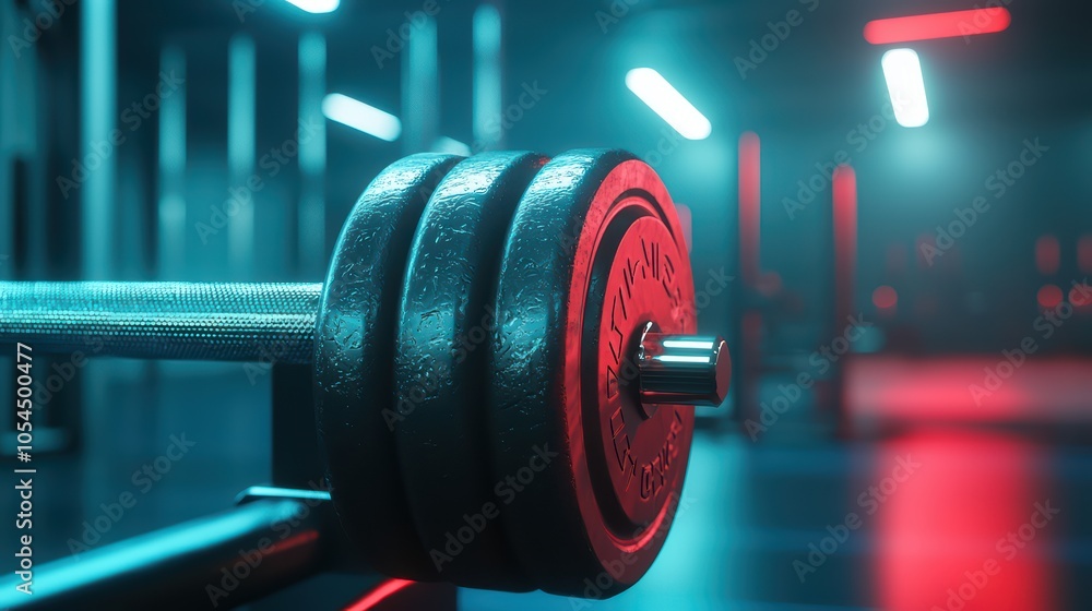 Fototapeta premium Close-up of a heavy dumbbell on a gym floor with dynamic lighting for an energizing workout atmosphere.