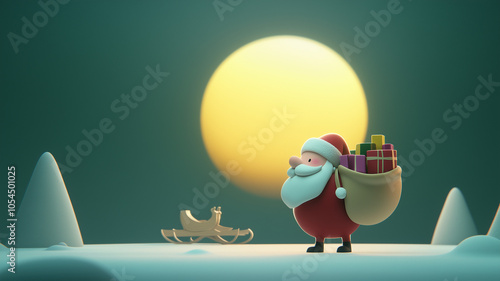 Santa Claus with a sack full of gifts in a North Pole/Lapland landscape with a sleigh in the background | Useful for Christmas Cards, celebrations, decorations. pictures | photo