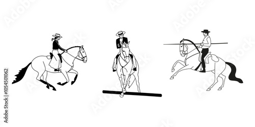Equestrian sport illustration showing three riders in traditional outfits performing dressage and riding maneuvers on horses