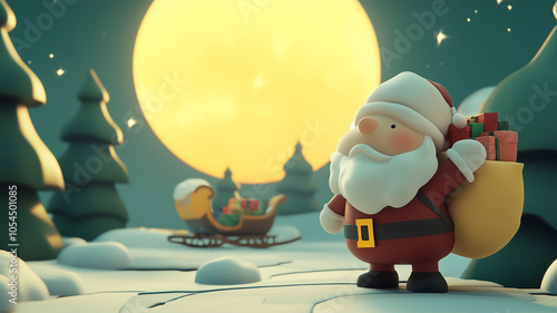 Santa Claus with a sack full of gifts in a North Pole/Lapland landscape with a sleigh in the background | Useful for Christmas Cards, celebrations, decorations. pictures | photo