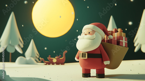 Santa Claus with a sack full of gifts in a North Pole/Lapland landscape with a sleigh in the background | Useful for Christmas Cards, celebrations, decorations. pictures | photo