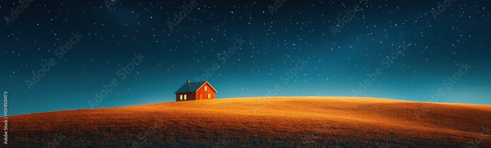 Fototapeta premium Starry sky with a small house on a hill