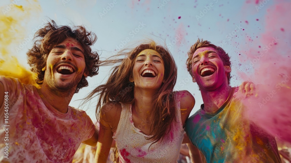 Fototapeta premium Group of friends laughing and playing with colored powders during Holi, captured in mid-action, colors flying everywhere