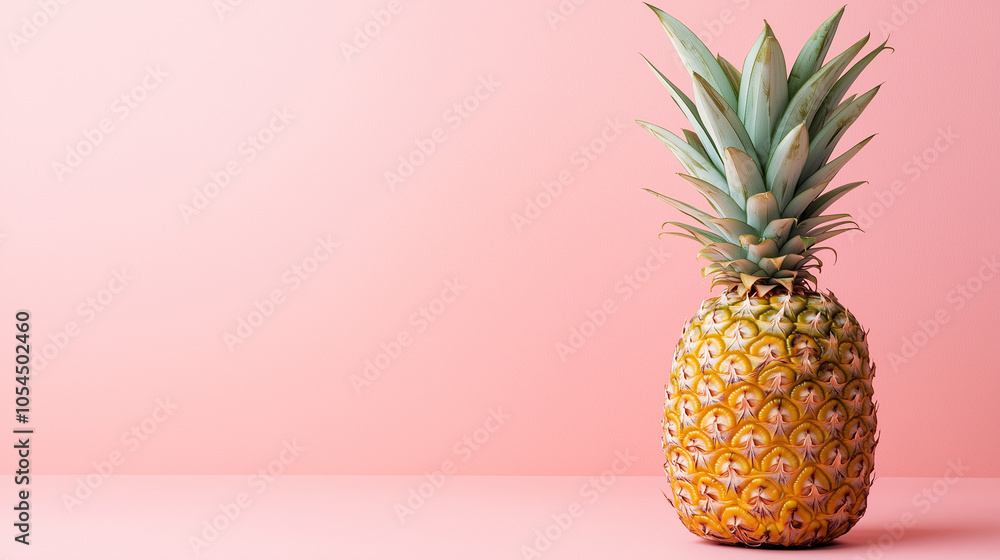 A whole pineapple with its spiky top intact, standing tall against a soft pastel pink background for a trendy tropical look. A whole pineapple with its spiky top intact, standing tall against a soft pastel pink background for a trendy tropical look.