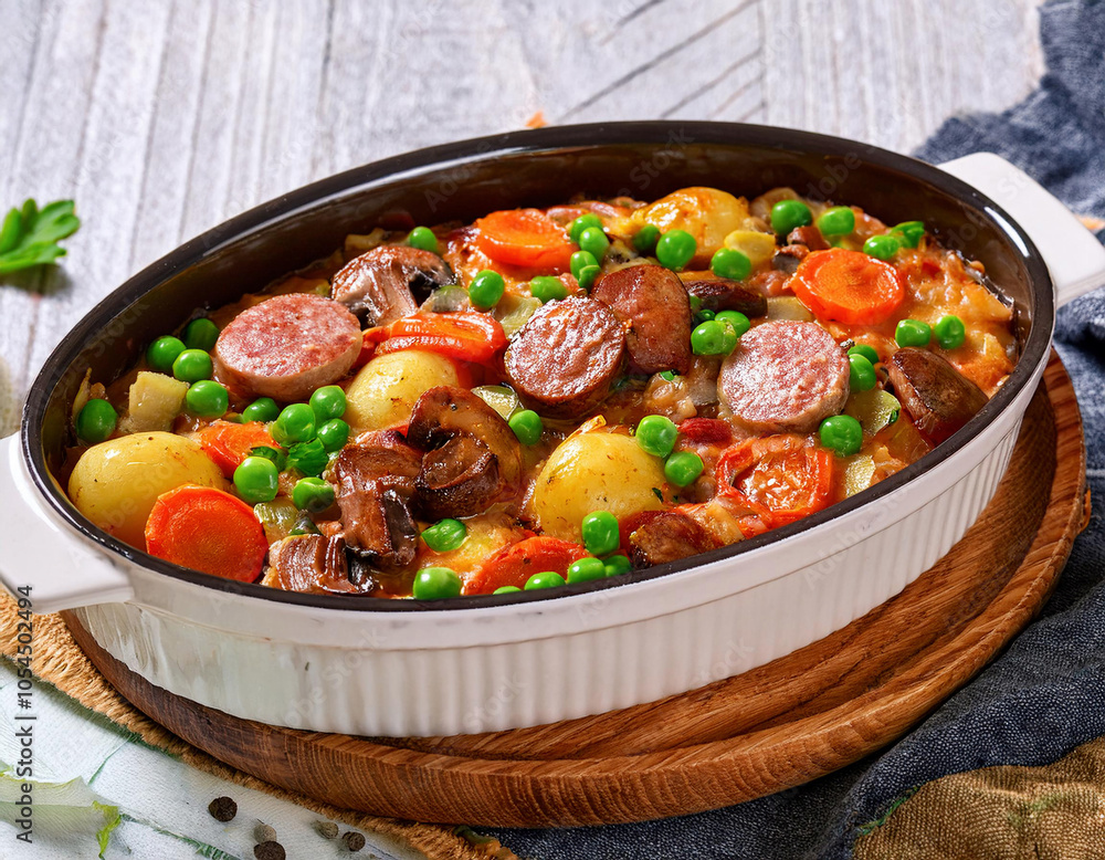 Sausage stew casserole with potato mushrooms tomatoes peas and onion on wooden table Sausage stew casserole with potato mushrooms tomatoes peas and onion on wooden table
