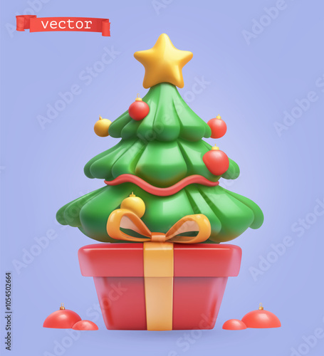 Christmas tree and gift box 3d vector icon