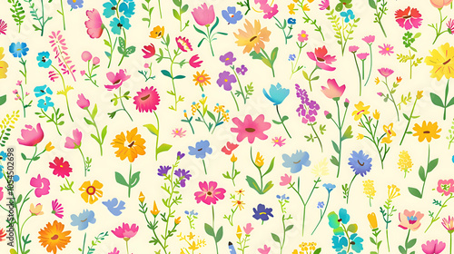 Wallpaper Mural A light cream canvas featuring flat design illustrations of vibrant blooming flowers, arranged in a symmetrical pattern with a variety of colors, creating a cheerful and lively background Torontodigital.ca