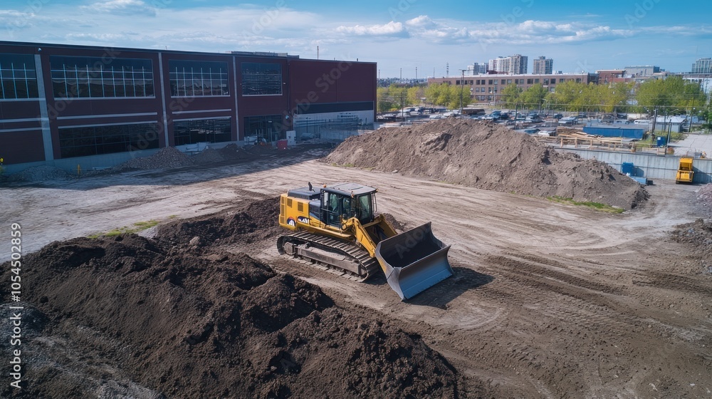 A bulldozer operates on a construction site, moving dirt and preparing the land for development. A bulldozer operates on a construction site, moving dirt and preparing the land for development.