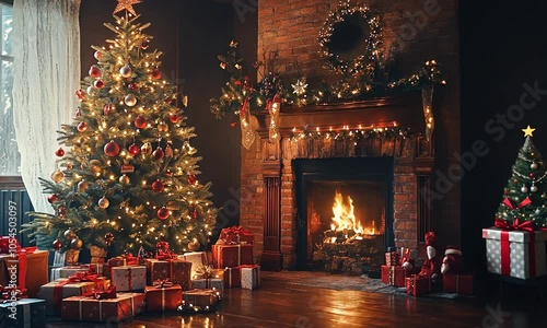 Decorated Christmas Tree in a Cozy Living Room with a Fireplace