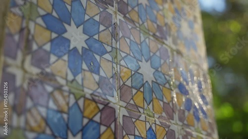 Close up on traditional Portuguese azulejos tiles hand painted and used on wall. Special and unique pattern. Old and typical in Portuguese structures and buildings. Sintra town with luxurious palaces