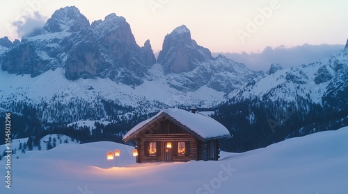 Cozy cabin lit at dusk in snowy mountain landscape