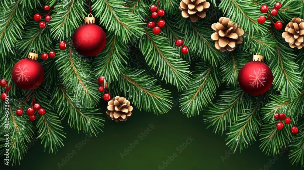 Christmas tree branches. Festive Xmas border of green branch of pine. Pattern pine branches, spruce branch. Realistic design decoration elements. Vector illustration Christmas tree branches. Festive Xmas border of green branch of pine. Pattern pine branches, spruce branch. Realistic design decoration elements. Vector illustration