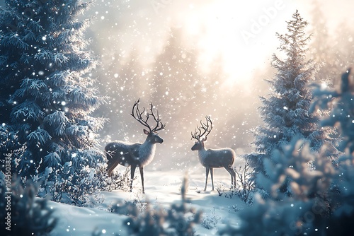 A winter scene features reindeer and snowy trees, providing ample space for text.