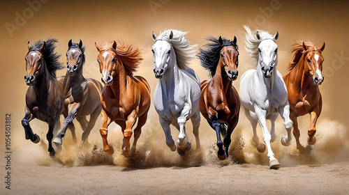 Wild Horse Run: A breathtaking image of seven majestic horses galloping across a dusty landscape, their manes and tails flowing in the wind. A powerful symbol of freedom and untamed beauty.