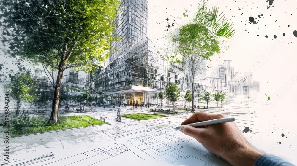 A hand sketches a modern urban landscape with greenery and buildings in a creative design process.