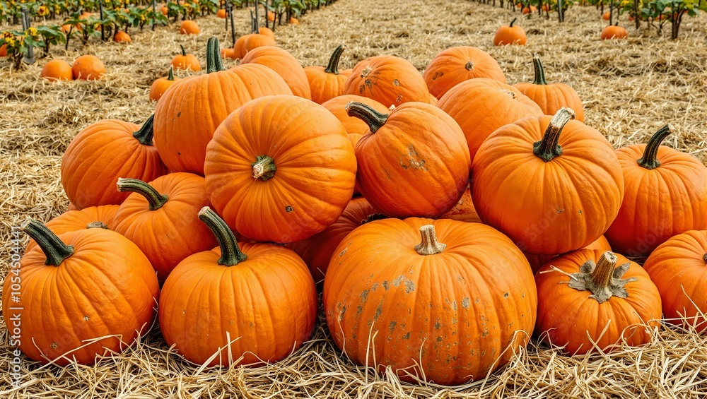 Vibrant orange pumpkins on straw with rows of plants in the background Vibrant orange pumpkins on straw with rows of plants in the background