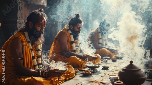 Group of Indian holy men performing a ritual at a temple, with incense smoke and sacred chants filling the air