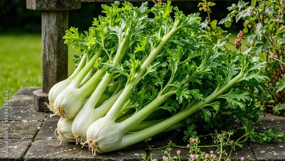 Fresh celery stalks on stone bench in garden glistening with dew drops surrounded by small flowers Fresh celery stalks on stone bench in garden glistening with dew drops surrounded by small flowers