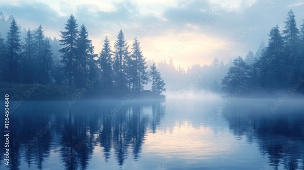 Fototapeta premium A serene and misty sunrise over a tranquil lake, with tall pine trees lining the shore and their reflections mirrored in the still water.