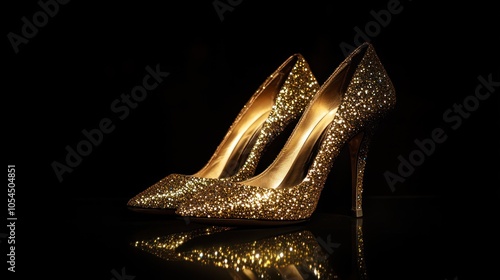 A pair of glittering gold high-heeled shoes against a dark backdrop, emphasizing elegance.