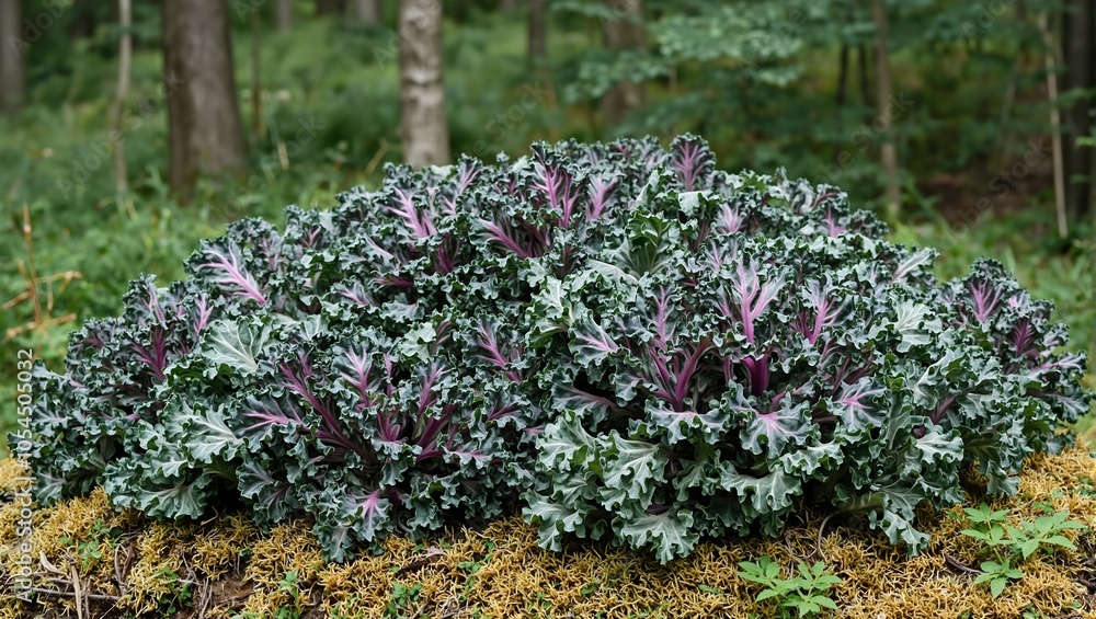 Obraz premium Vibrant purple and green kale leaves on moss in forest setting