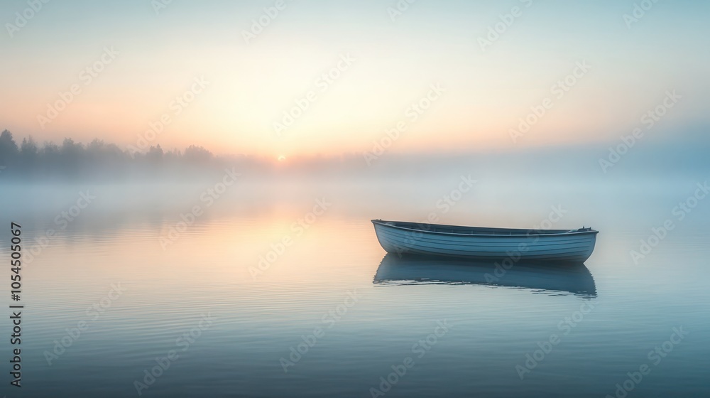 A small boat sits on a calm lake in the early morning mist with the sun rising in the background. A small boat sits on a calm lake in the early morning mist with the sun rising in the background.