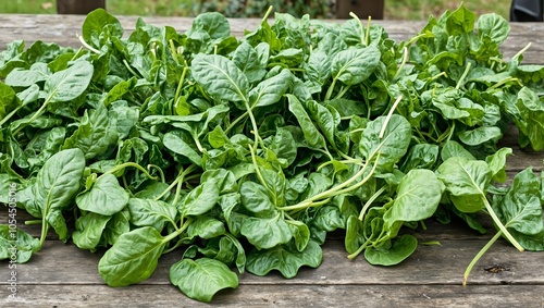 Fresh green spinach leaves on wooden surface in garden