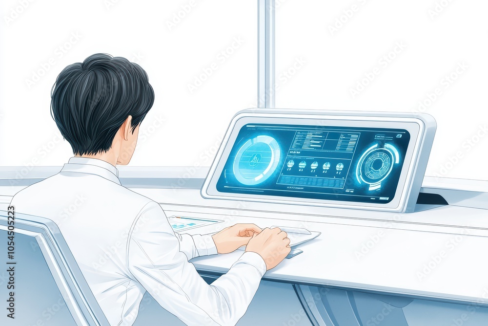 Person working at a futuristic computer with holographic display, white isolate background. Person working at a futuristic computer with holographic display, white isolate background.