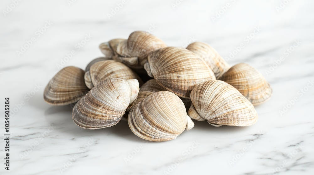 A pile of fresh clams on a marble surface, ready for cooking or seafood dishes. A pile of fresh clams on a marble surface, ready for cooking or seafood dishes.