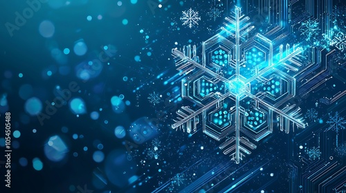 Abstract snowflake illustration with digital microchip patterns on a blue background, blending tech and holiday themes.