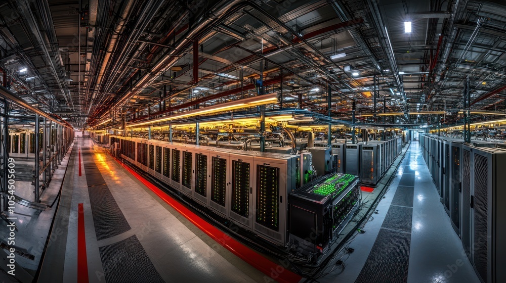 A panoramic view of a data center filled with server racks and complex wiring. A panoramic view of a data center filled with server racks and complex wiring.