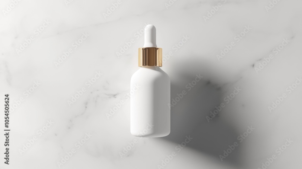 A white dropper bottle with a golden cap on a marble surface, likely for skincare or oils. A white dropper bottle with a golden cap on a marble surface, likely for skincare or oils.