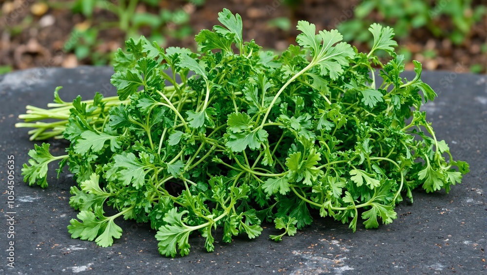 Fresh cilantro leaves on dark stone slab in garden vibrant green colors and delicate stems Fresh cilantro leaves on dark stone slab in garden vibrant green colors and delicate stems